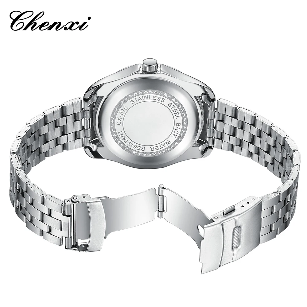 CHENXI Silver Business Man Watch Luminous Round Dial Men's Wristwatch Calendar Display Stainless Steel Band Men Watches