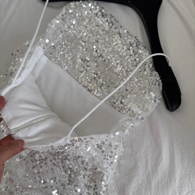 スパンコールパーティードレスショート高級スパゲッティストラップジップアップボールガウンエレガントな妖精韓国ファッション女性服セレモニードレス