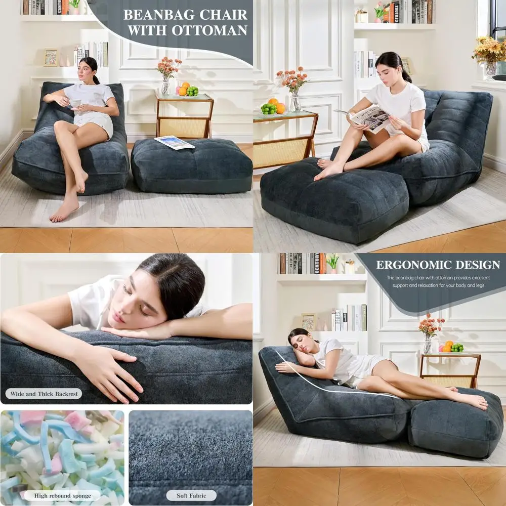 أريكة بين باج من إسفنج الذاكرة مع مسند، أريكة كسولة مريحة لغرف المعيشة وغرف النوم والشقق - أزرق رمادي #1