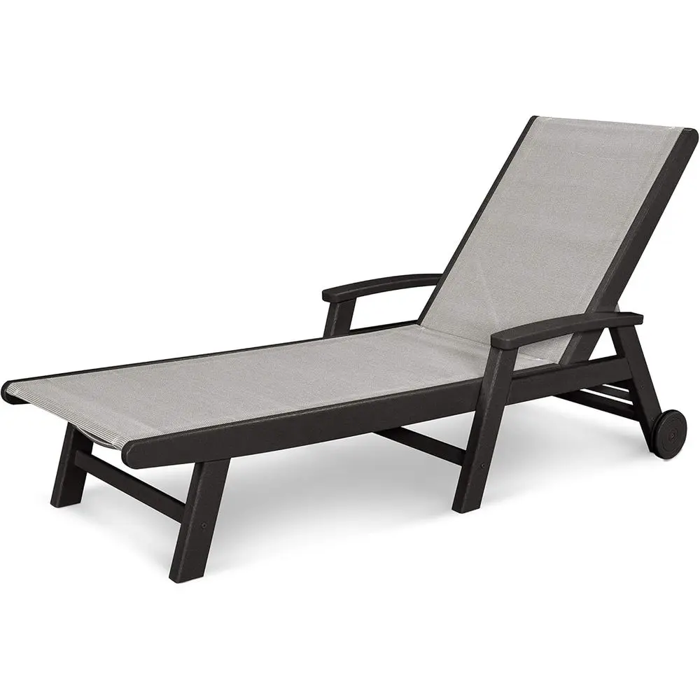 

Black Outdoor Chaise Lounge with Wheels, Durable Wood Plastic Pool Side Chair