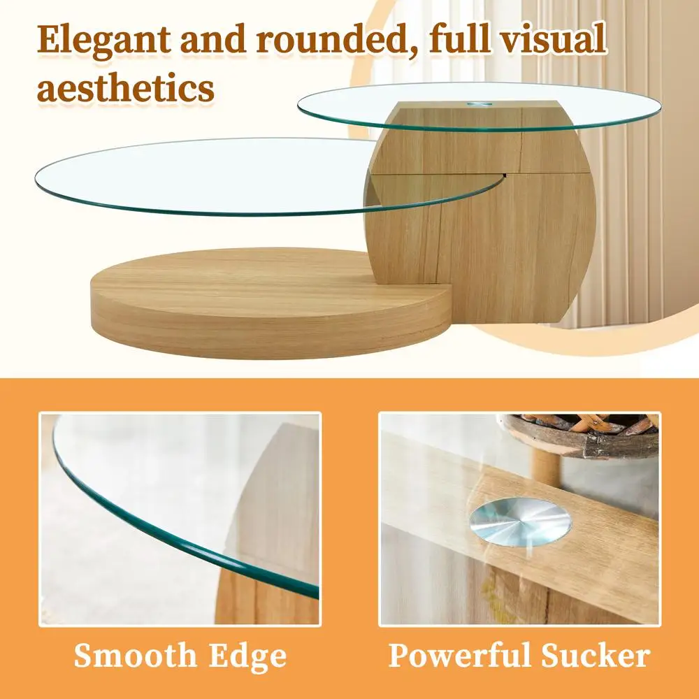 Table basse ovale moderne en verre trempé à grain de bois clair, Double couche avec pieds stables et coussinets antidérapants, plusieurs couleurs