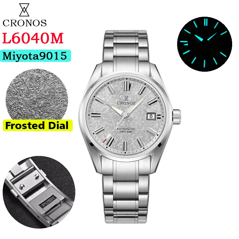 Cronos Herenhorloge 39mm Automatisch Miyota 9015 uurwerk Polshorloges Witte wijzerplaat Berkenpatroon Massieve schakels Saffier 10 ATM L6040M