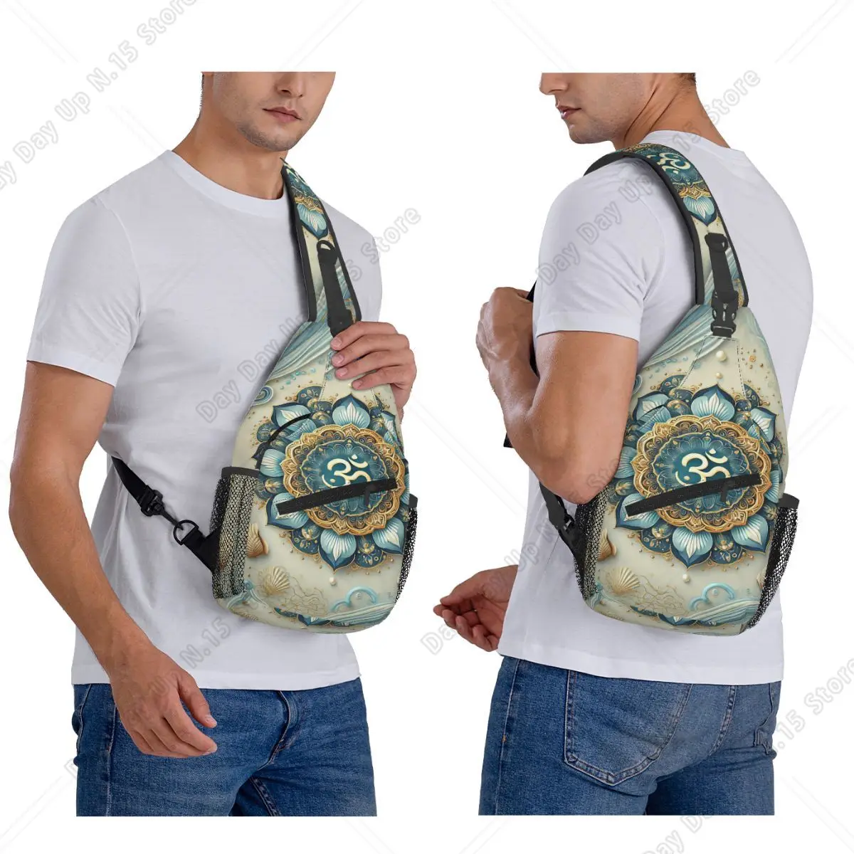 Gold Om Mandala Buddhism Aum Yoga Meditation Chest Bag Men Sling Crossbody Backpack Chest Bag Traveling Daypack Shoulder Bag