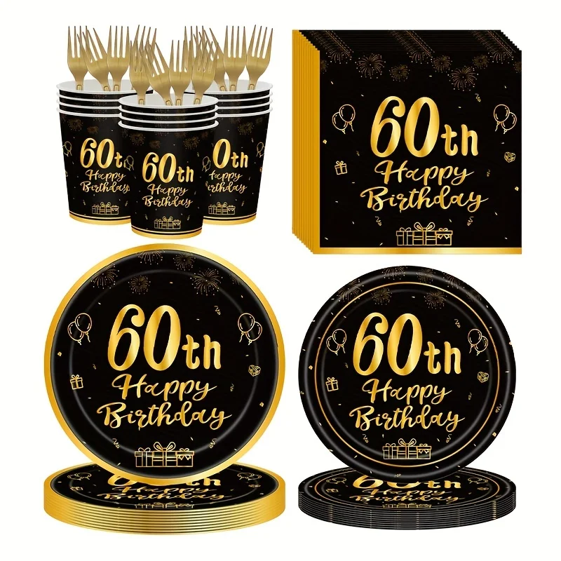 Party zum 60. Geburtstag, Schwarzgold, Geschirr, Banner, Spiralbehänge, für Männer und Frauen, 60-jährige schwarze Gold-Party-Kuchenaufsatz-Dekoration – Detail 2