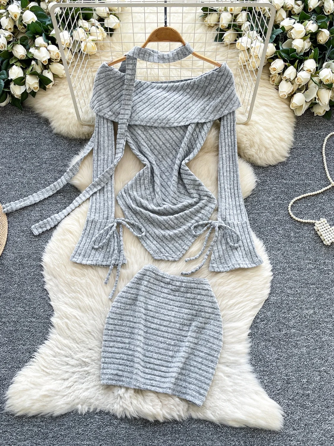 Women's Faion Autumn Outfit Two-Piece Set Slim Fit Bell Sve Top And ort Skirt Bodycon Sle One-oulder Design