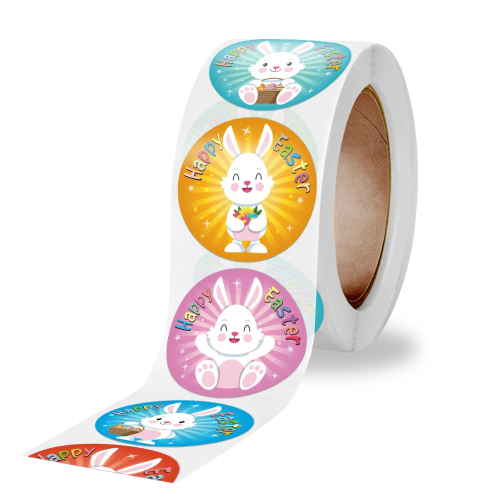 25mm Happy Easter Stickers Cute Rabbit Cartoon Animal Self Adhesive Sticker Label For Easter Party Kids Gifts Bag Box Decor Tags