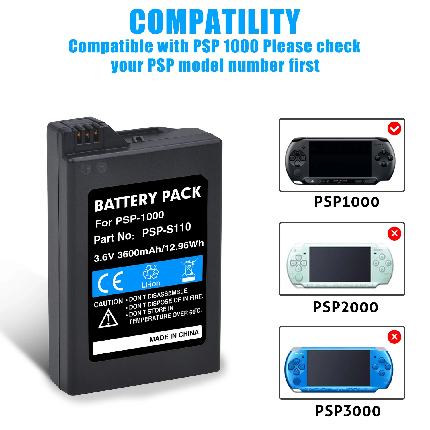 PSP-110 PSP-1005 Replacement Lithium Batteries 3600mAh for Sony PlayStation Portable Console, PSP-1000 Gamepad Battery/Charger