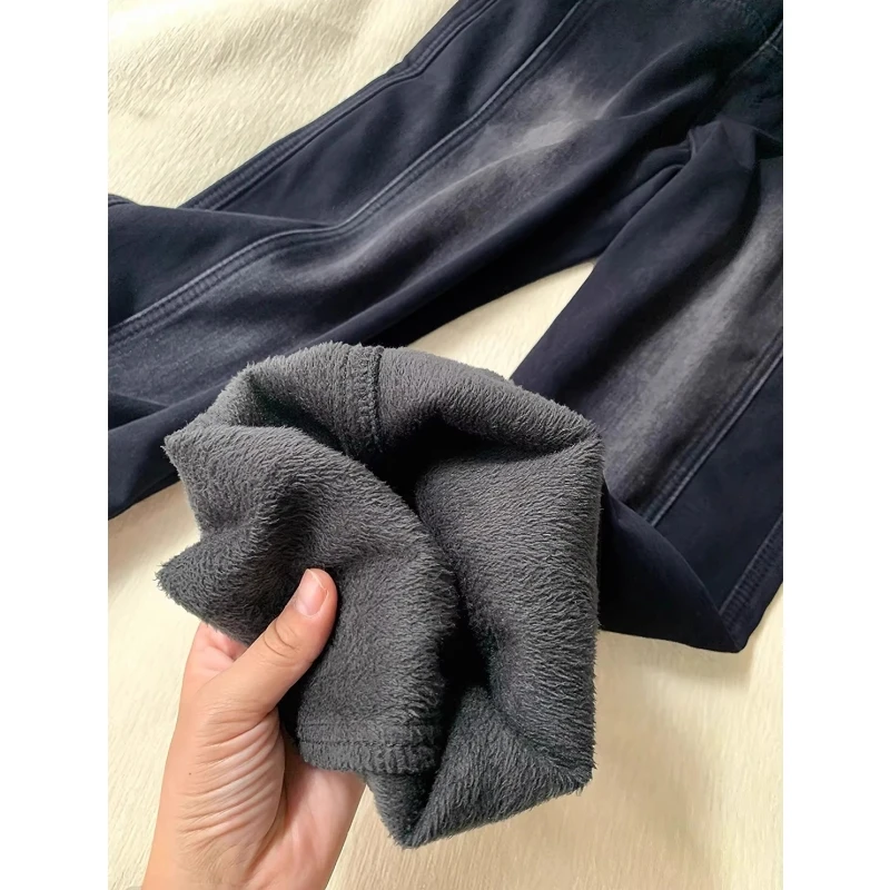 Jeans foderati in pile da donna vestibilità ampia Y2k moda peluche caldo pantaloni in denim a gamba larga a vita alta pantaloni svasati vintage retrò