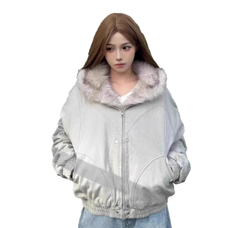 Sweat à capuche chaud d'hiver pour hommes et femmes, manteau rétro en peluche, vêtements de sport, nouveau Streetwear ample Y2k, veste en coton pour Couple, veste Punk à col en fourrure