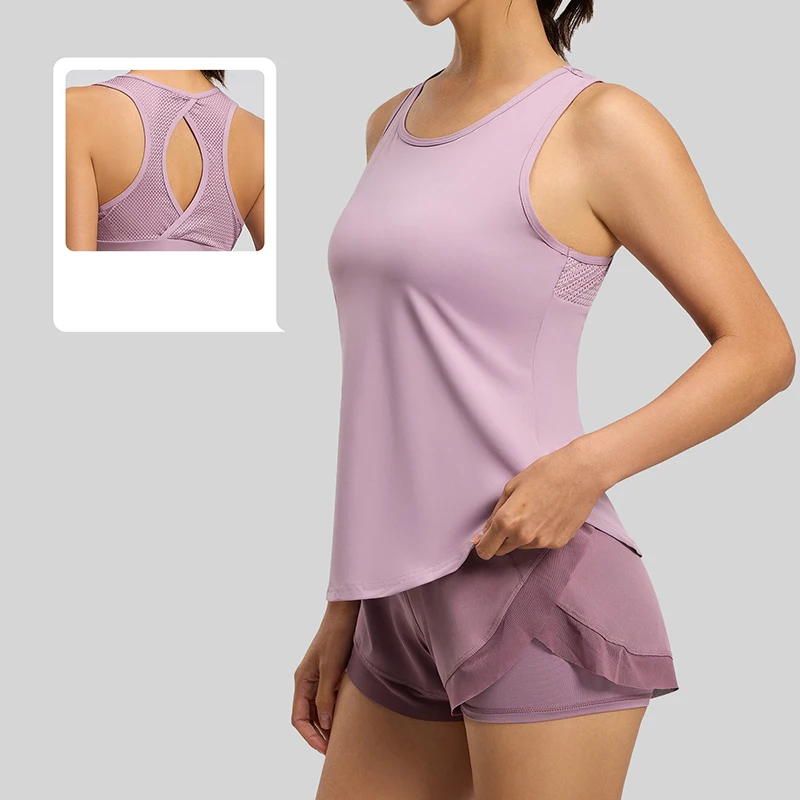 Summer New Women Breathable Sports Vest Fashion Mesh Cutout Racerback Yoga Vest Skin-Friendly Naked Feeling Yoga Apparel