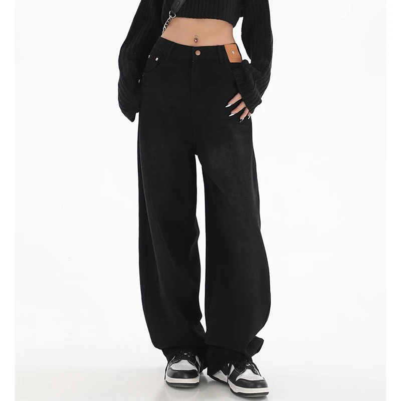 Damskie jeansy retro z prostymi nogawkami, klasyczne spodnie dżinsowe z wysokim stanem, damskie koreańskie spodnie streetwearowe typu baggy