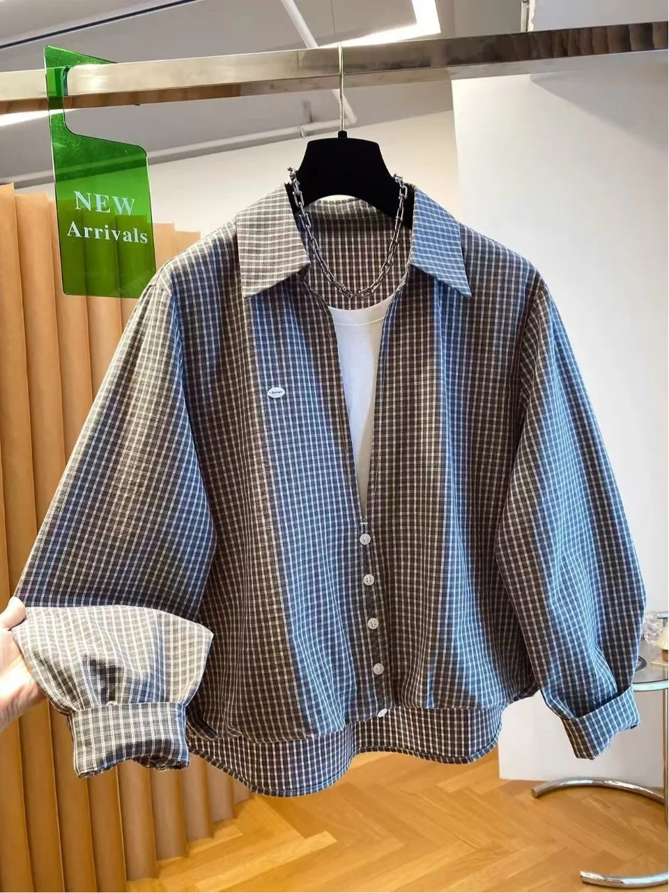 Brand New Korean Style Plaid Shirt Layered Look Fake Two-Piece Cotton Long Sleeve Women's Loose Fit Breathable Comfortable