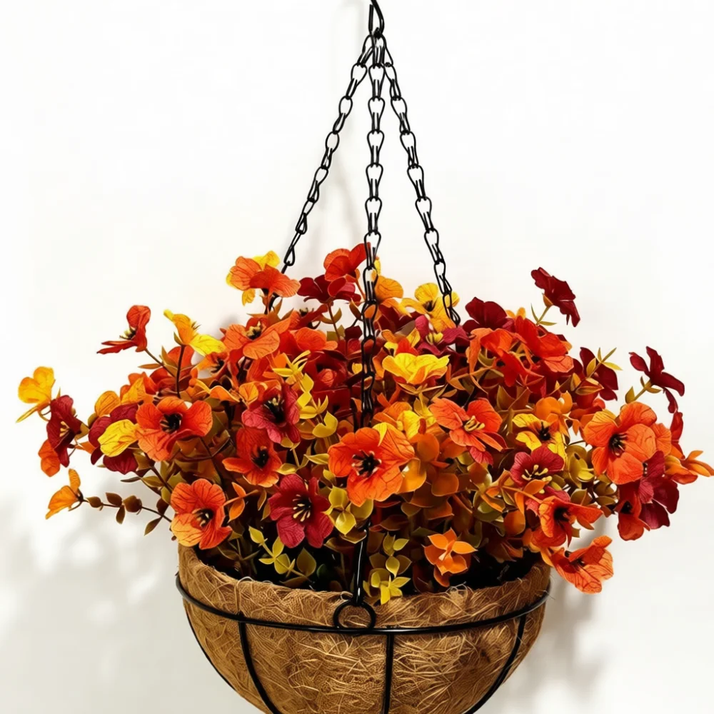 Artificial Hanging Flower Basket Dancing Orchid Metal Frame Coconut Liner Plant Decor For Outdoor Yard Patio Wall Mount