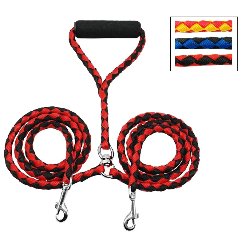 2 Way High-quality Nylon Dual Dog Double Leash Rope Strong Pet Leash Walking Running Leads For Couplers With Soft Padded Handle