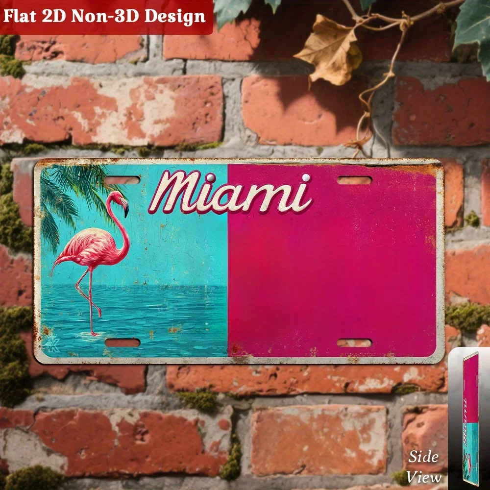 2D Flat, 1pc Miami Flamingo Decorative License Plate, Only for Decoration, Tropical Travel Wall Accent, Bar Pub Cafe Decor