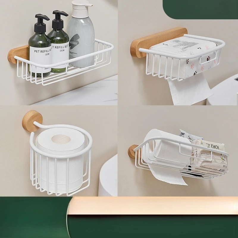 

Wooden Tissue Holder White Bathroom No Drill Beech Wall Mounted Solid Wood Roll Paper Stand