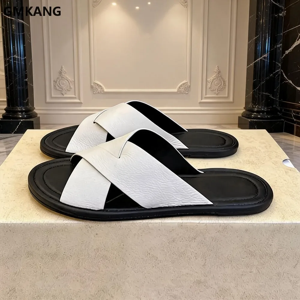 

Summer Genuine Leather Flat Slippers Women Comfort Cross-tied Mules Shoes Round Peep Toe Outdoors Casual Slip On For Woman