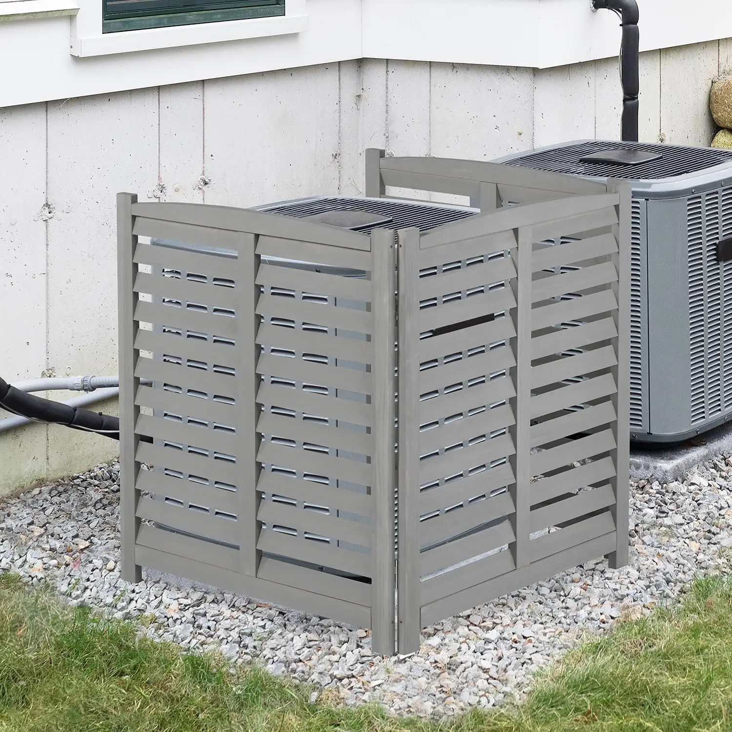 3-Panel Outdoor Air Conditioner Fence Solid Wood Privacy Louver Screen 32