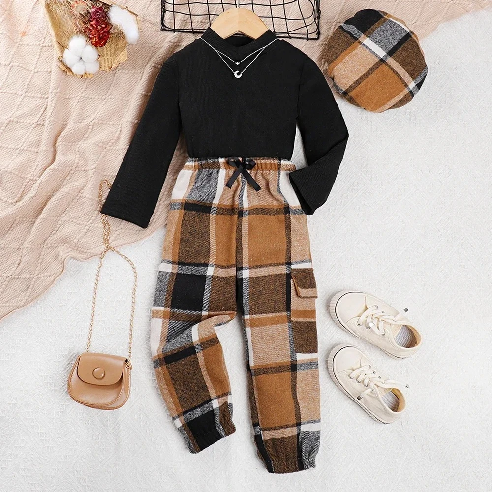 Korean Style Fashionable Checkered Pants+long Sleeved Base Shirt Set with Hat Included Autumn and Winter Promotion