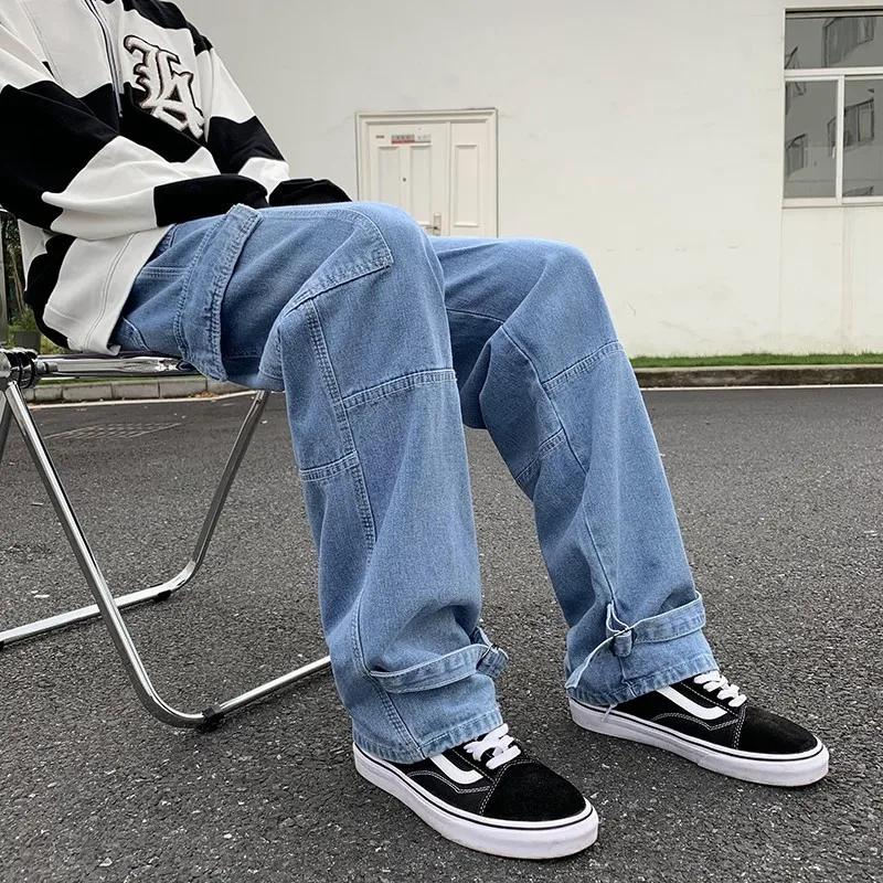 2025 carga jeans homens perna larga jeans hip hop casual em linha reta baggy calças jeans streetwear skate calça neutra