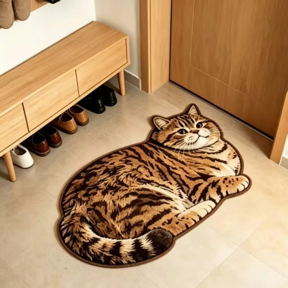 Cute Crystal Velvet Cat-Shaped Area Rug 2D Soft Bathroom Carpet Anti-fouling Washable Bedside Door Mat Home Decor