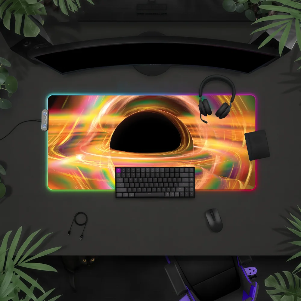 

Коврик для мыши Space Black Hole Art с RGB LED подсветкой, красочный, для игровой клавиатуры, нескользящий, водонепроницаемый, для стола
