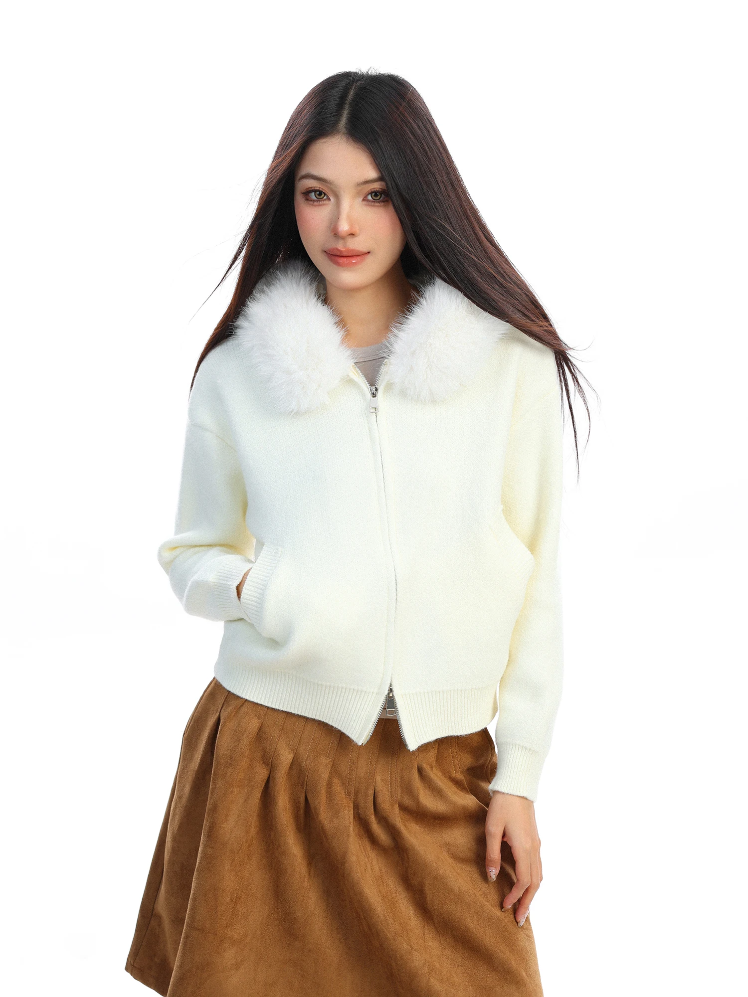 

Женская осенне-зимняя толстовка с отстегивающимся меховым воротником, однотонный мягкий вязаный кардиган-пальто Biggold, теплая верхняя одежда