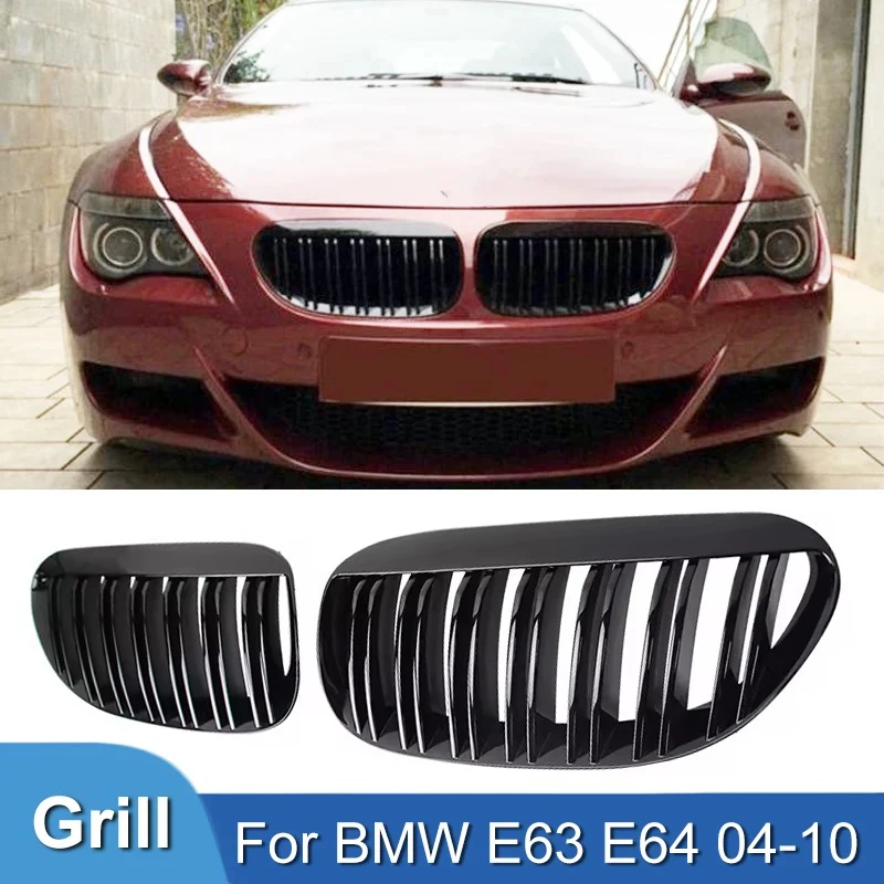 Pulleco Car Front Bumper Kidney Grill Gloss Black Double Slat Grille For BMW 6 Series M6 E63 E64 630i 650i 645ci 2004-2010 ABS