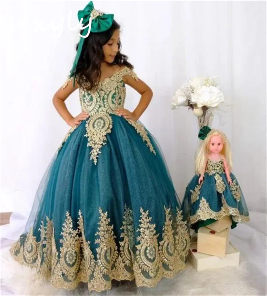 Victorian Teal Green Flower Girls Dress Gold Lace A Line Princess Girls Pageant Dress For Eid Elegant Birthday Party Customized