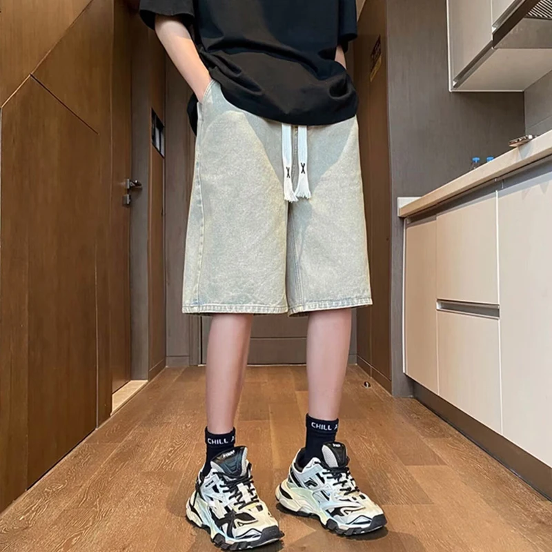 

Korean Fashion Retro Blue Drawstring Jorts For Men Summer Casual Straight Baggy Denim Shorts Y2K Vintage Streetwear jean shorts