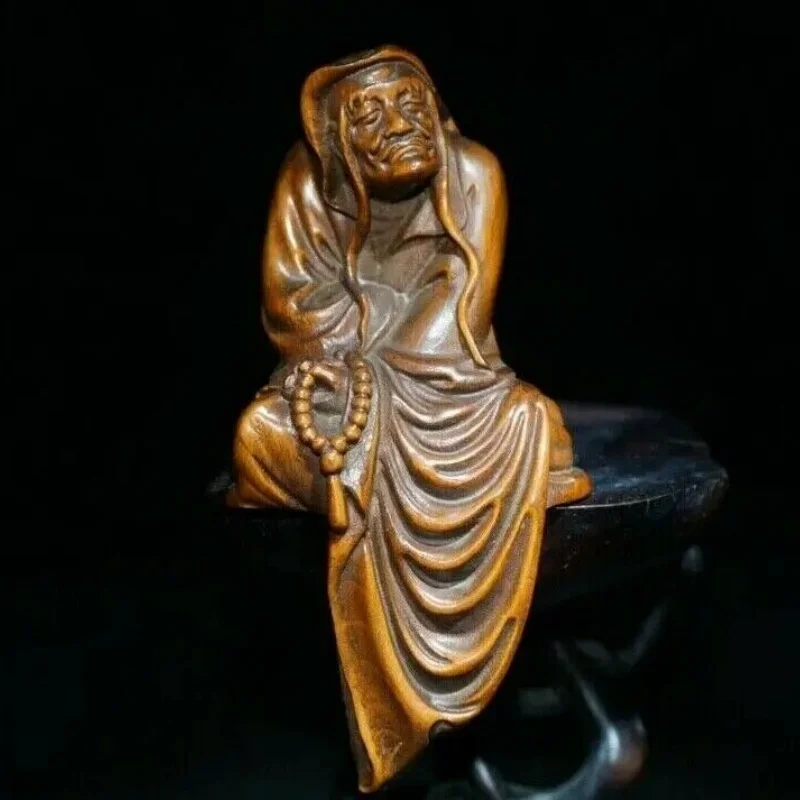 Collect Boxwood Netsuke carving Long eyebrow arhat Statue figurines buddha monk