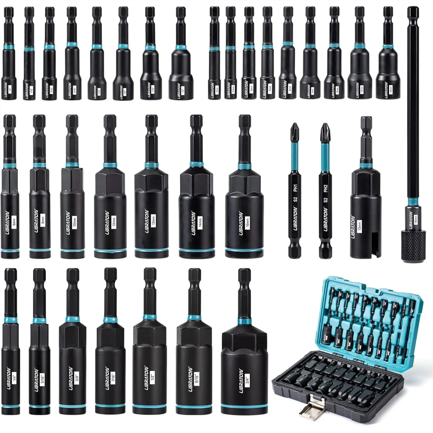 

35Pcs Magnetic Nut Driver Set Metric & SAE Deep Nut Drivers For Impact Drill With Quick-Release Bit Holder And Drill Bits