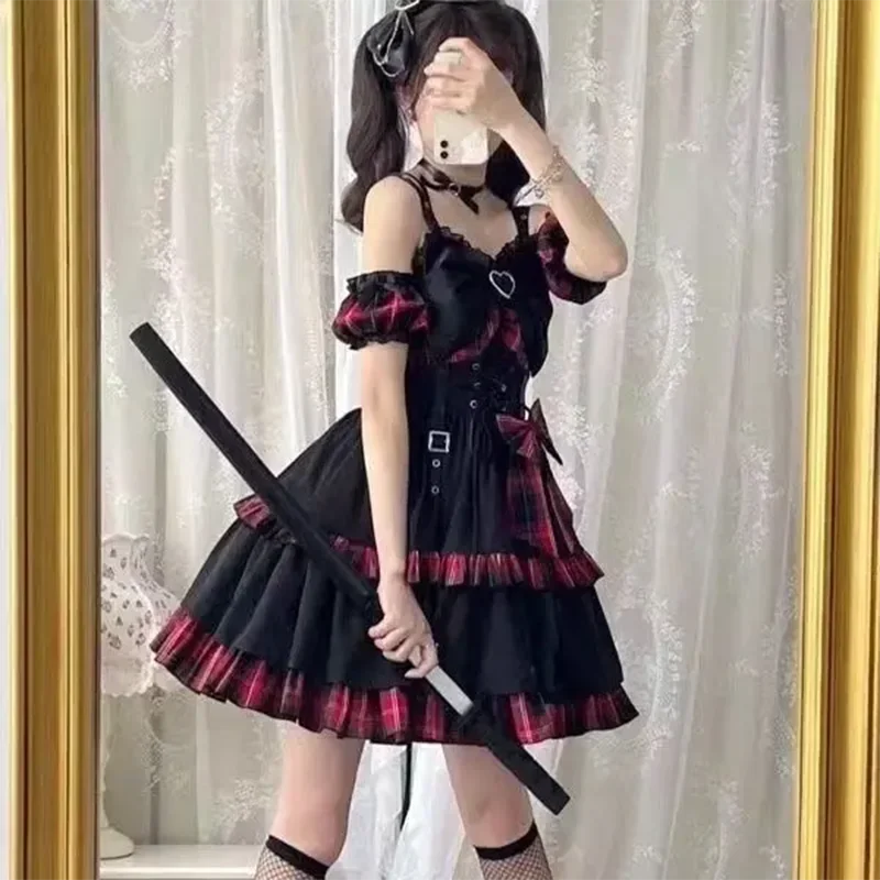 ญี่ปุ่น Lolita Camis ผู้หญิงสีแดงลายสก๊อต Ruffles Bow Tie ชุดมินิฤดูร้อนหวาน Kawaii Patchwork สุภาพสตรี Vestidos