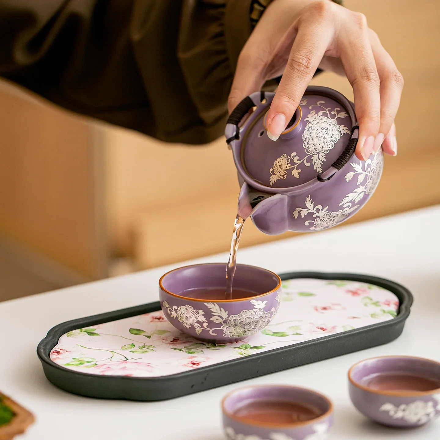 Purple Handmade Flower Peony Hand-held Tea Set Travel Tea Set Outdoor Portable Quick Cup One Pot Three Cups Gift Complete Teapot