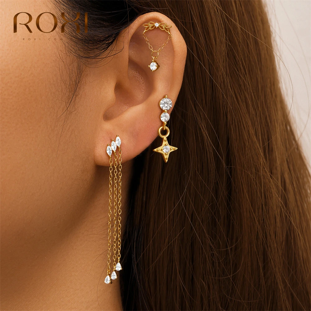 ROXI 925 Sterling Silver 1 PC White Zircon Earrings for Women INS 50cm Long Tassel piercing earrings  Jewelry pendientes plata