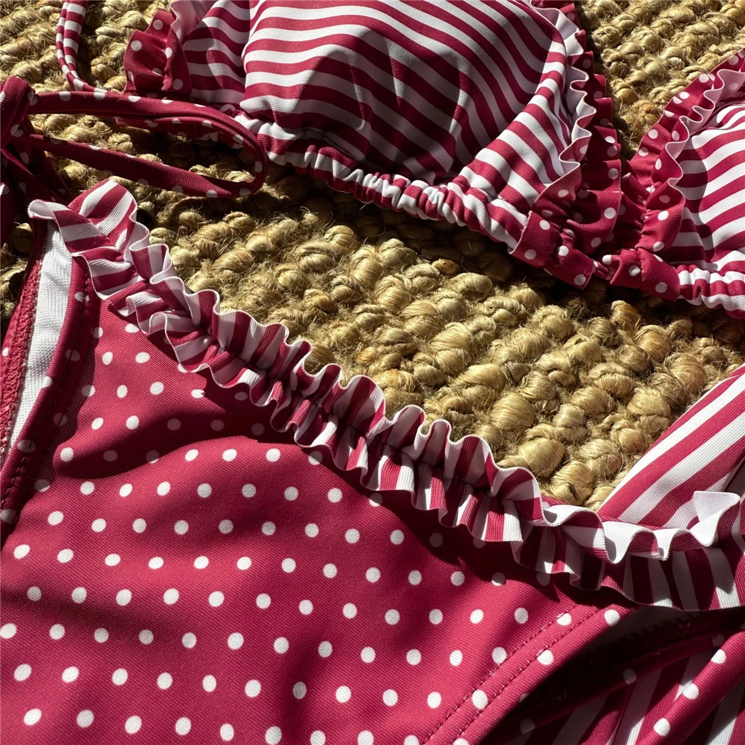 Neuer gestreifter Bikini mit Polka-Dot-Muster, Neckholder-Shorts, Damen-Badeanzug, dreiteiliges Bikini-Set, Badebekleidung, Badeanzug, Schwimmanzug V6384 – Detail 26