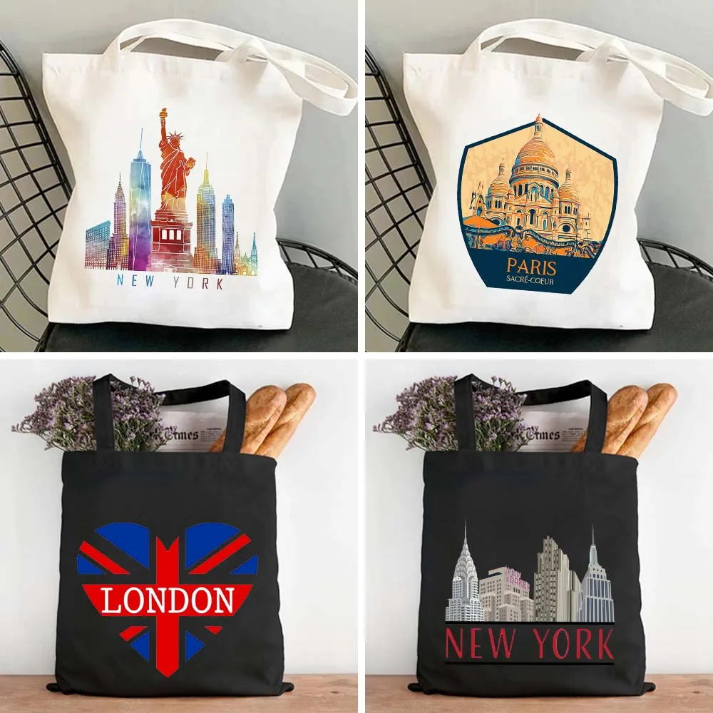 

Vintage New York Chicago Las Vegas Paris Eiffel tower Roma Russia Women Canvas Shopper Cotton Tote Bag Shoulder Shopping Handbag