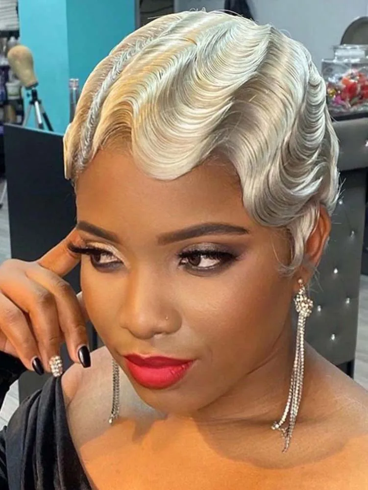 شقراء إصبع موجة عابث قطع شعر مستعار للنساء السود شعر بشري قصير الباروكات ريمي الشعر البشري آلة صنع الباروكات