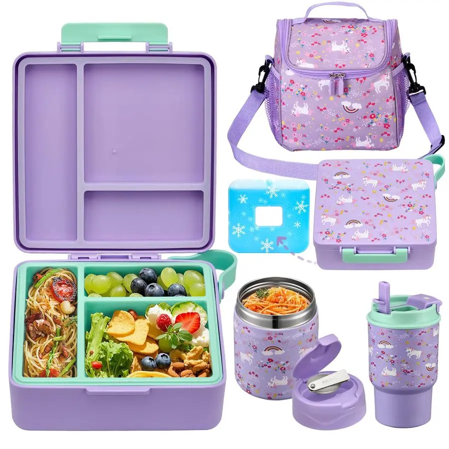 

Lunch Box for Kids with 17oz Soup Thermo,Insulated Tumbler Water Bottle and Insulated Lunch Bag,LeakProof 3 Compartment Lunch Fo