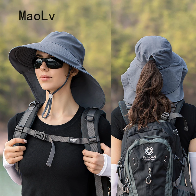 Summer Hat Women Outdoor UV Anti Neck Protection Sun Visor men Fishing Hiking Wide Brim Shawl Sunscreen Ponytail Cap undefine