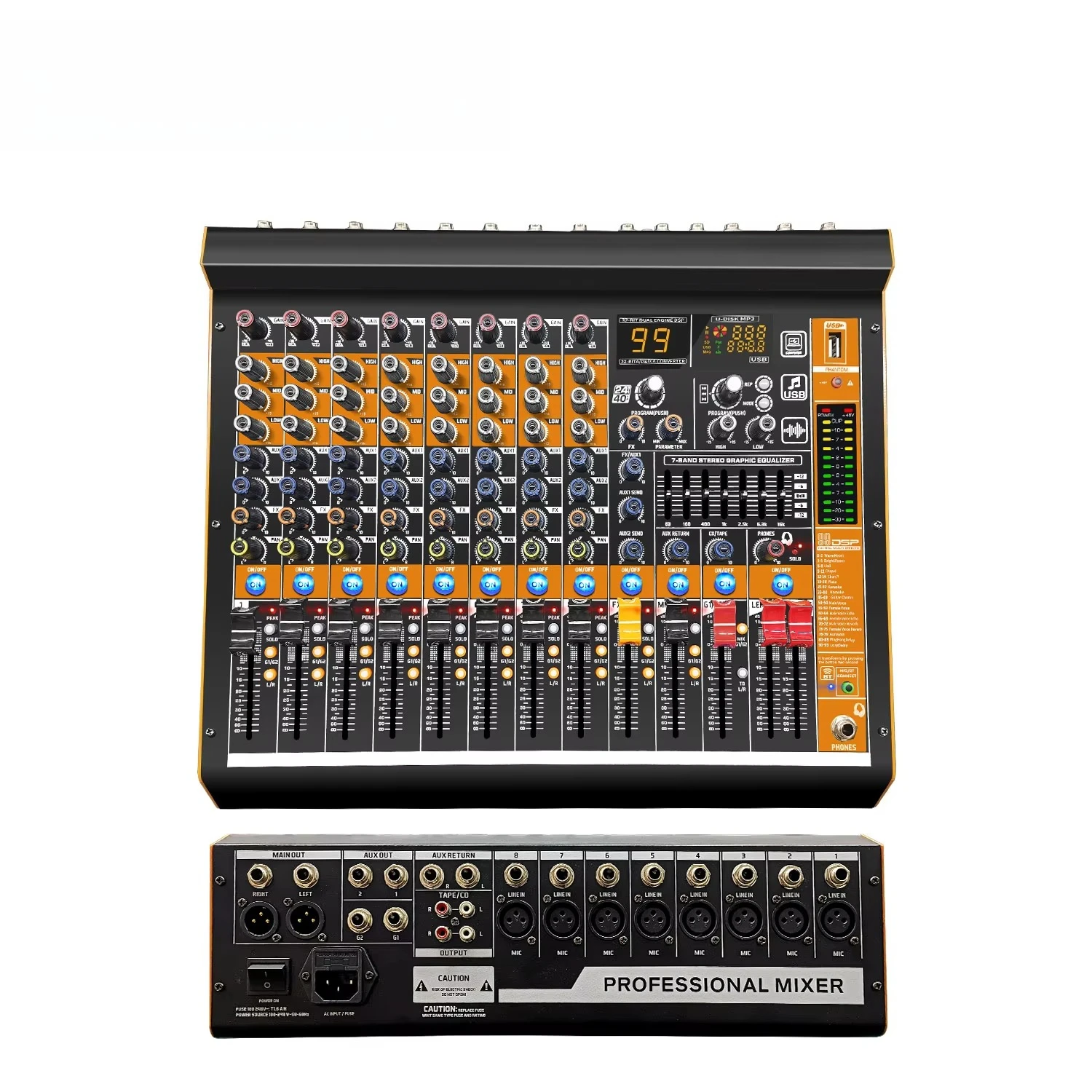 GAX-MV8 USB Audio Mixer 8 Channel Mixing Console 99DSP MP3 With Digital Display Recording for Stage KTV