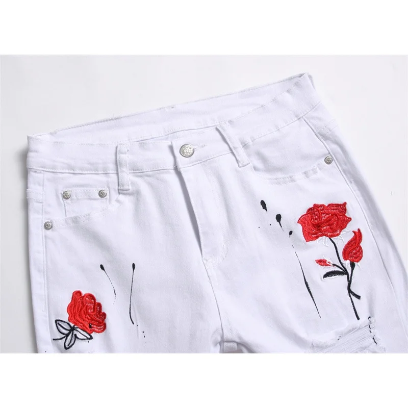 2024new style white embroidered rose jeans men's street cool fashion elastic skinny ripped trousers