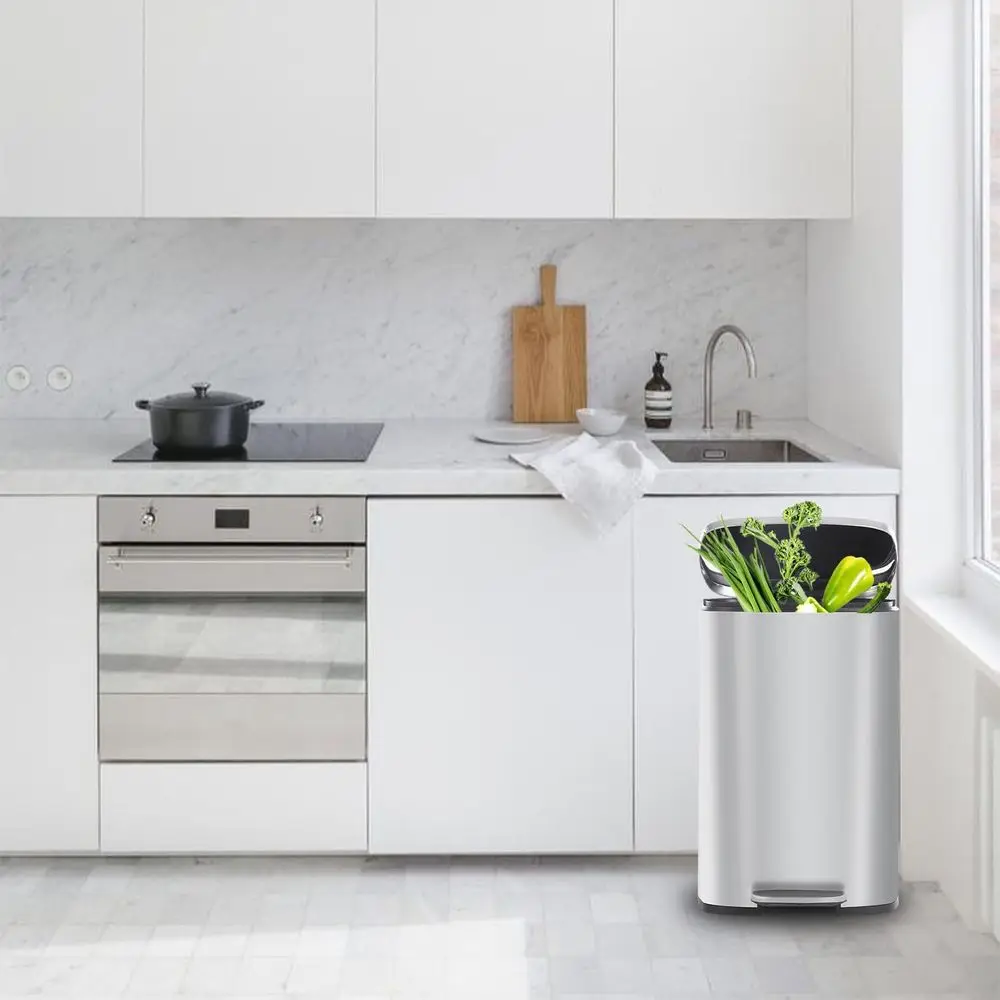 50-Liter-Küchen-Mülleimer aus Edelstahl mit Deckel, abnehmbarem Eimer, Fußpedal und Absenkautomatik für Heim- und Bürorecycling