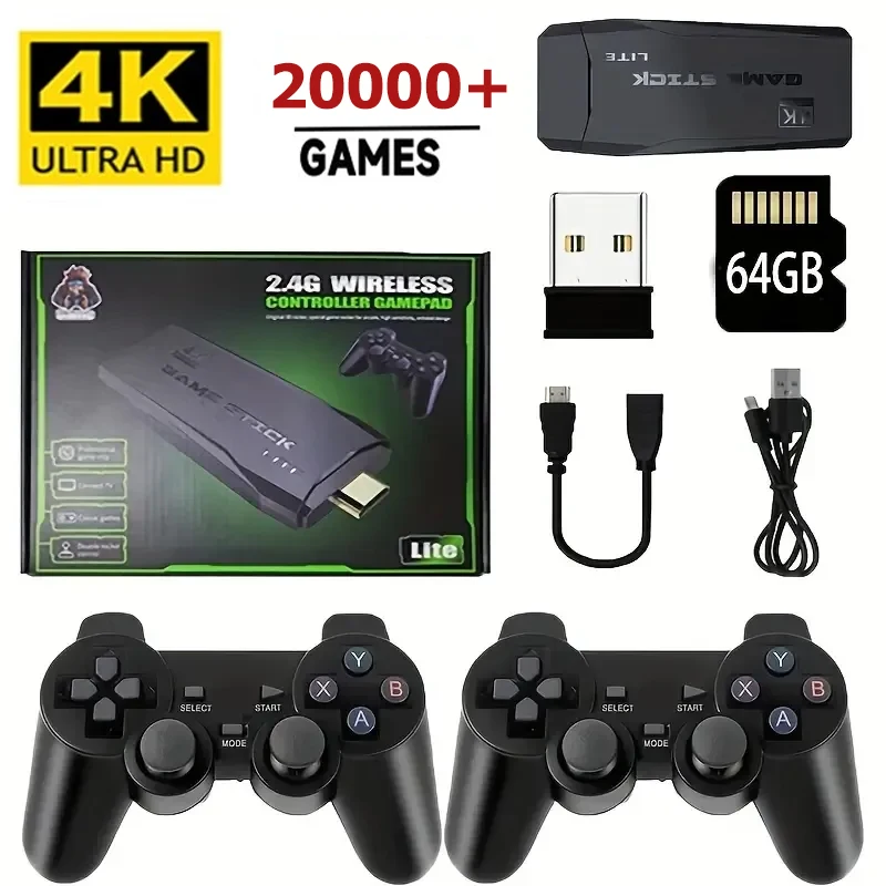 Console de Videogame com Controle Sem Fio Duplo 2.4G 4K HDMI para PS1/SFC/NES TV & PC 20000 Jogos 64GB Retro Presente de Natal para Crianças