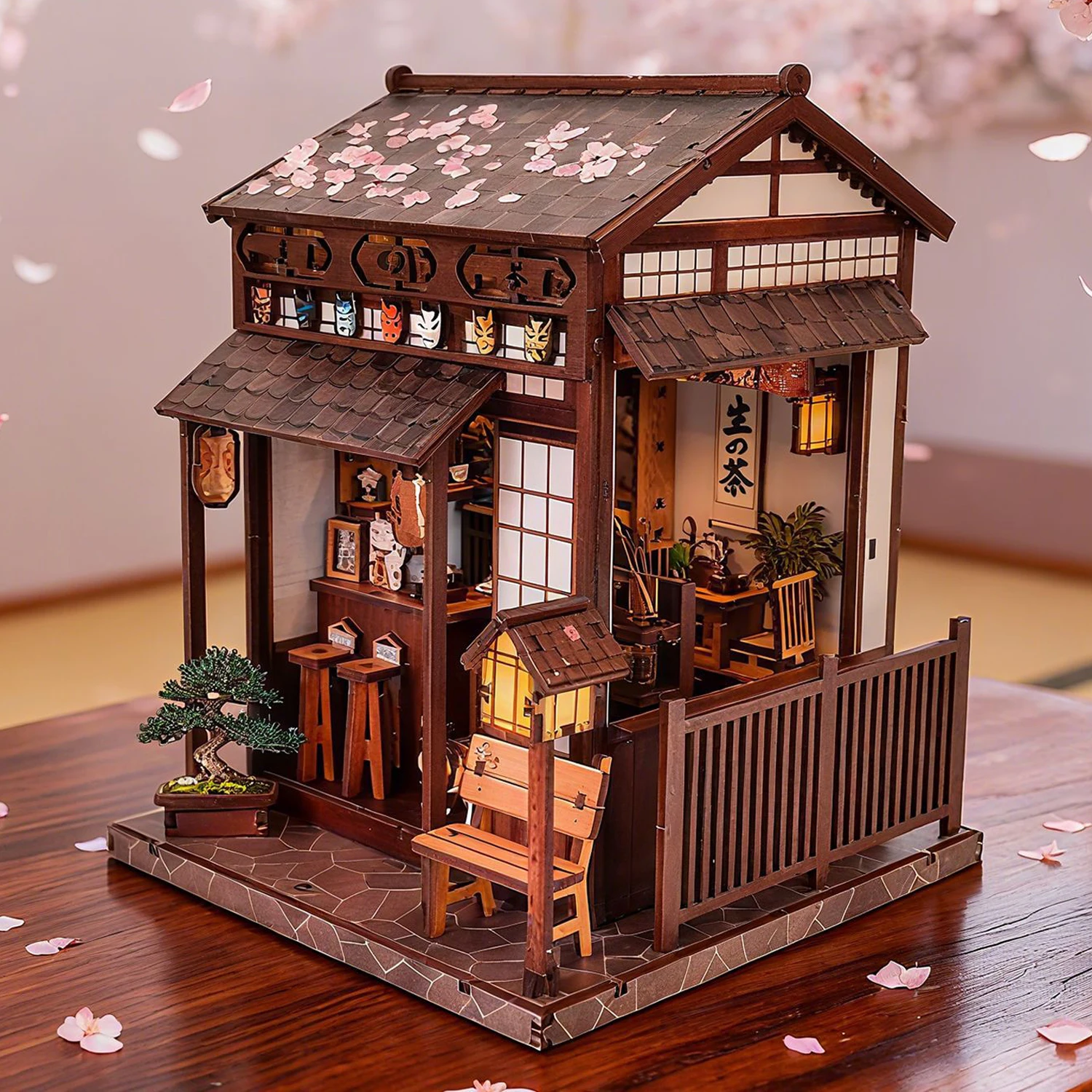 DIY Wooden Cherry Blossom Tea Pavilion Casa Figurines Miniatures Assembled Villa for Friends Birthday Gifts Home Decor Crafts