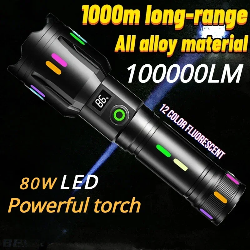 Flashlight With Usb Charging 100000LM Super Strong Light Bright Long Distance Zoom LED Rechargeable Flashlight Tactical Torch