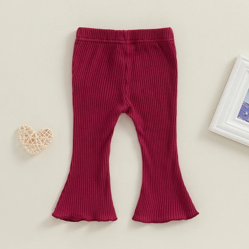 Pantalones acampanados acanalados para niña pequeña, pantalones acampanados de Color sólido con lazo, mallas anchas, pantalones de otoño con cintura elástica