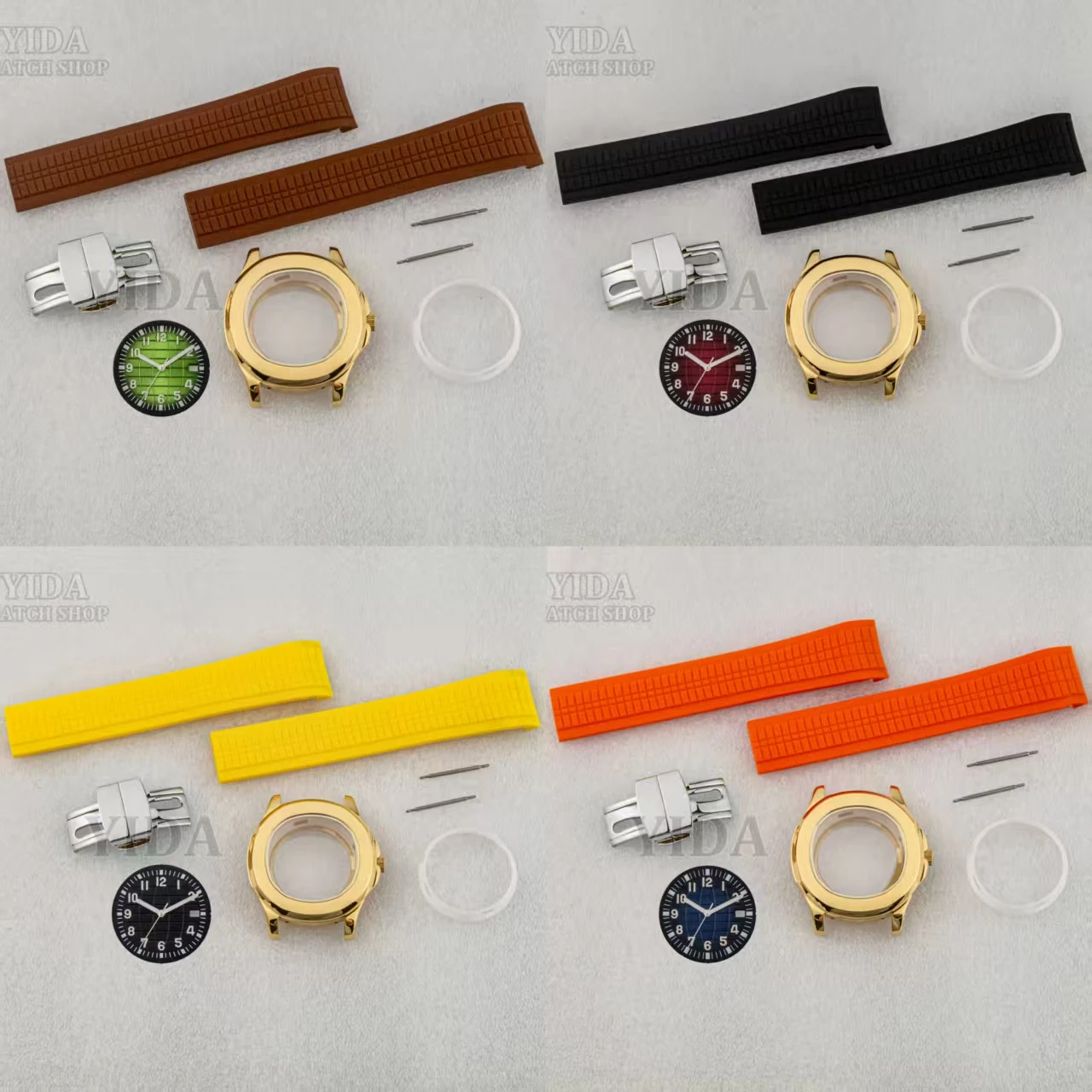 

42MM Gold Watch Case Rubber Band 32mm Dial Green Luminous hands Sapphire Glass Mod Parts For AQUANAUT Nautilus NH35 Movement
