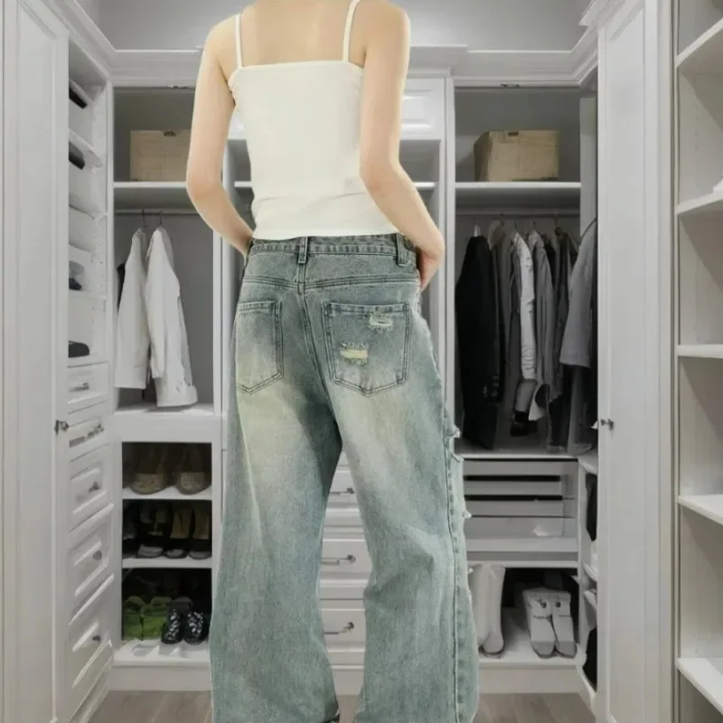 Nowe damskie jeansy w stylu amerykańskim, postarzane, z dziurami, szerokie nogawki, luźne spodnie dżinsowe, letnie, cienkie, codzienne, o swobodnym kroju.