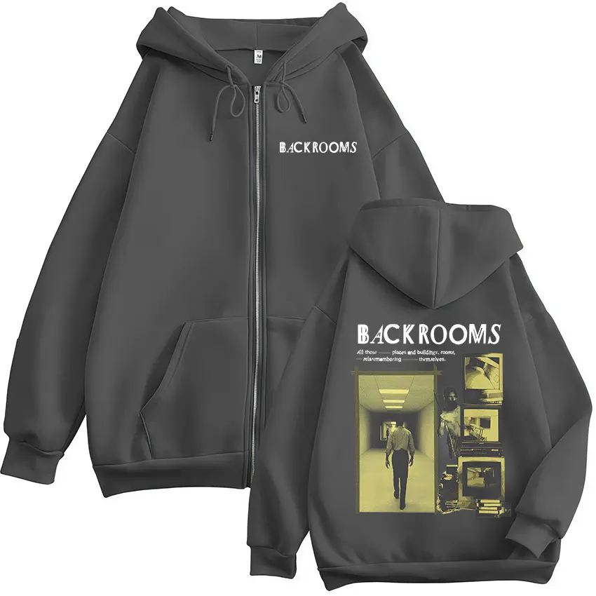 Horror Movie Backrooms Kapuzenpullover mit Reißverschluss für Herren und Damen, lässige Kleidung mit langen Ärmeln, Kapuzenpullover mit Reißverschluss, Jacken, Mantel, Streetwear – Detail 5